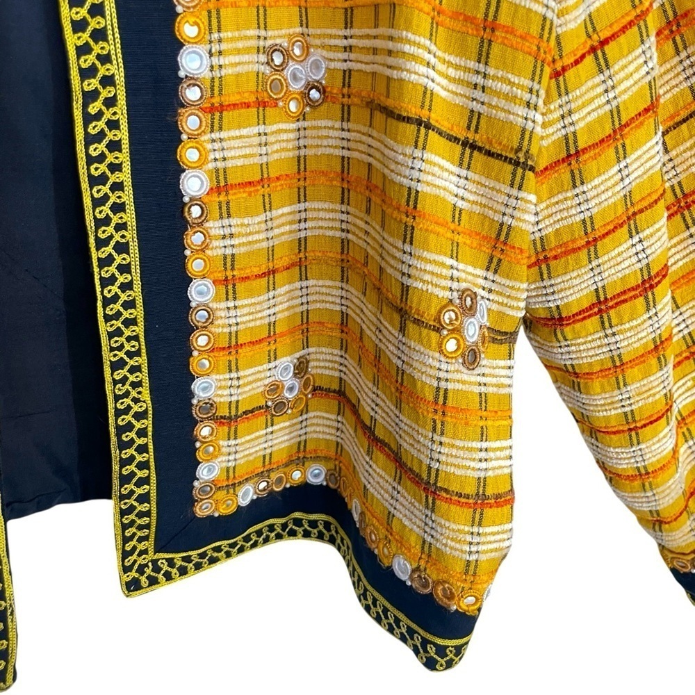 Alex Kim Vtg. Embellished Plaid Open Front Jacket Yellow, Black, Beaded Missy L - Picture 8 of 13